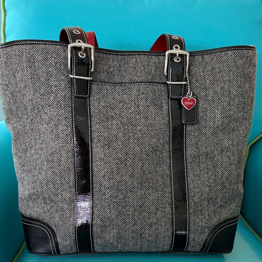 Coach “vintage” Stylish Herringbone Tote Bag with Black Patent Accents